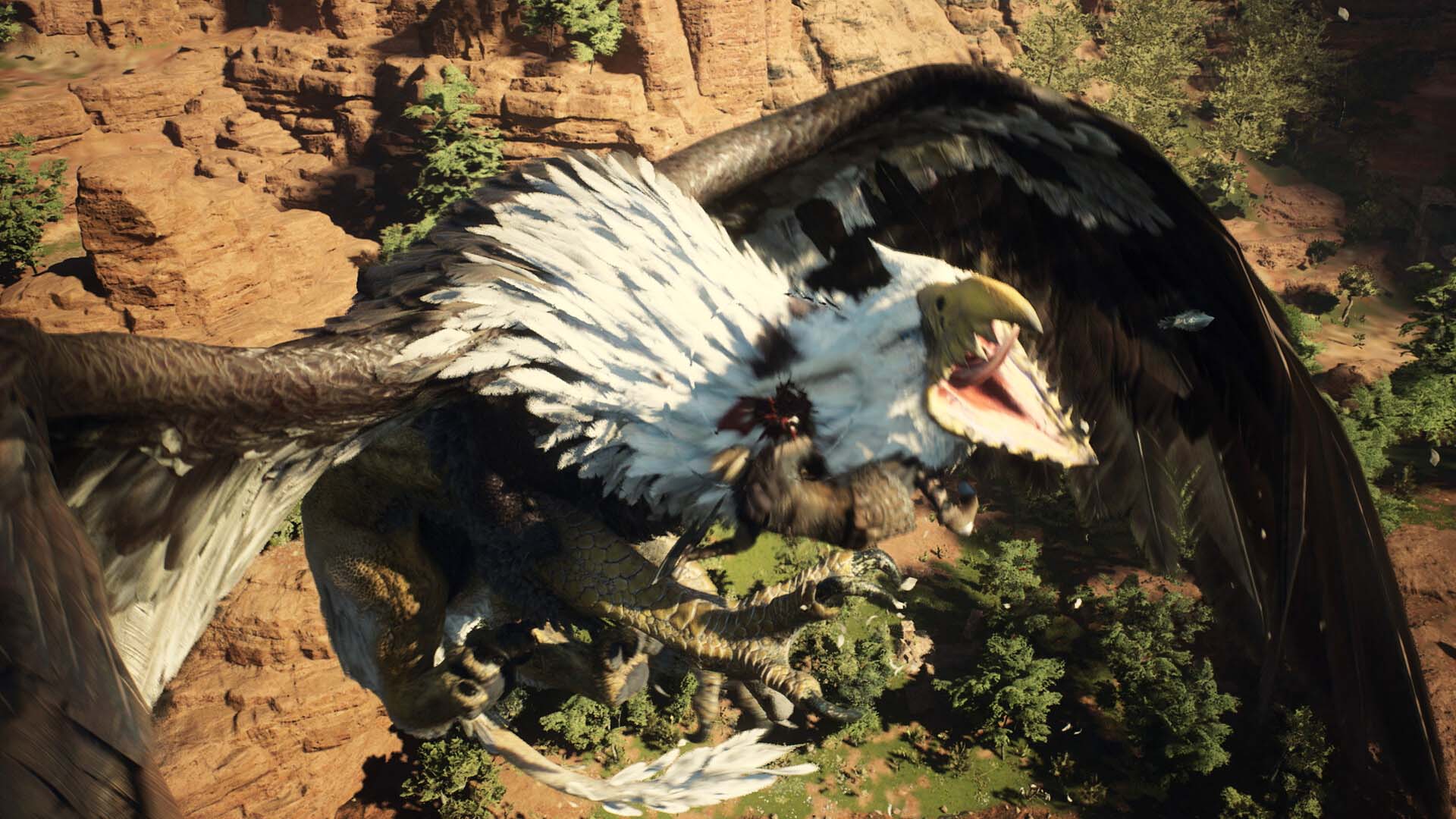 Dragon's Dogma 2 Player climbs a giant flying eagle in combat.