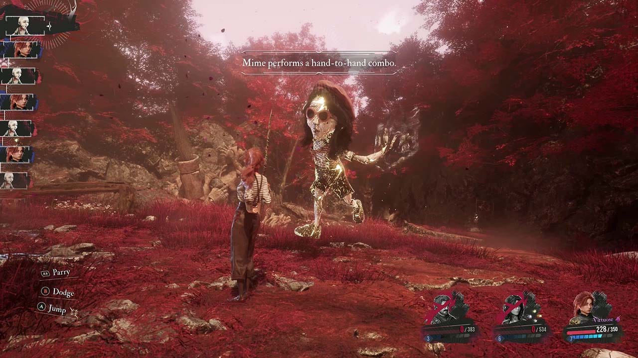 An enemy Mime dressed in a beret and sun glasses dives toward Maelle in combat.