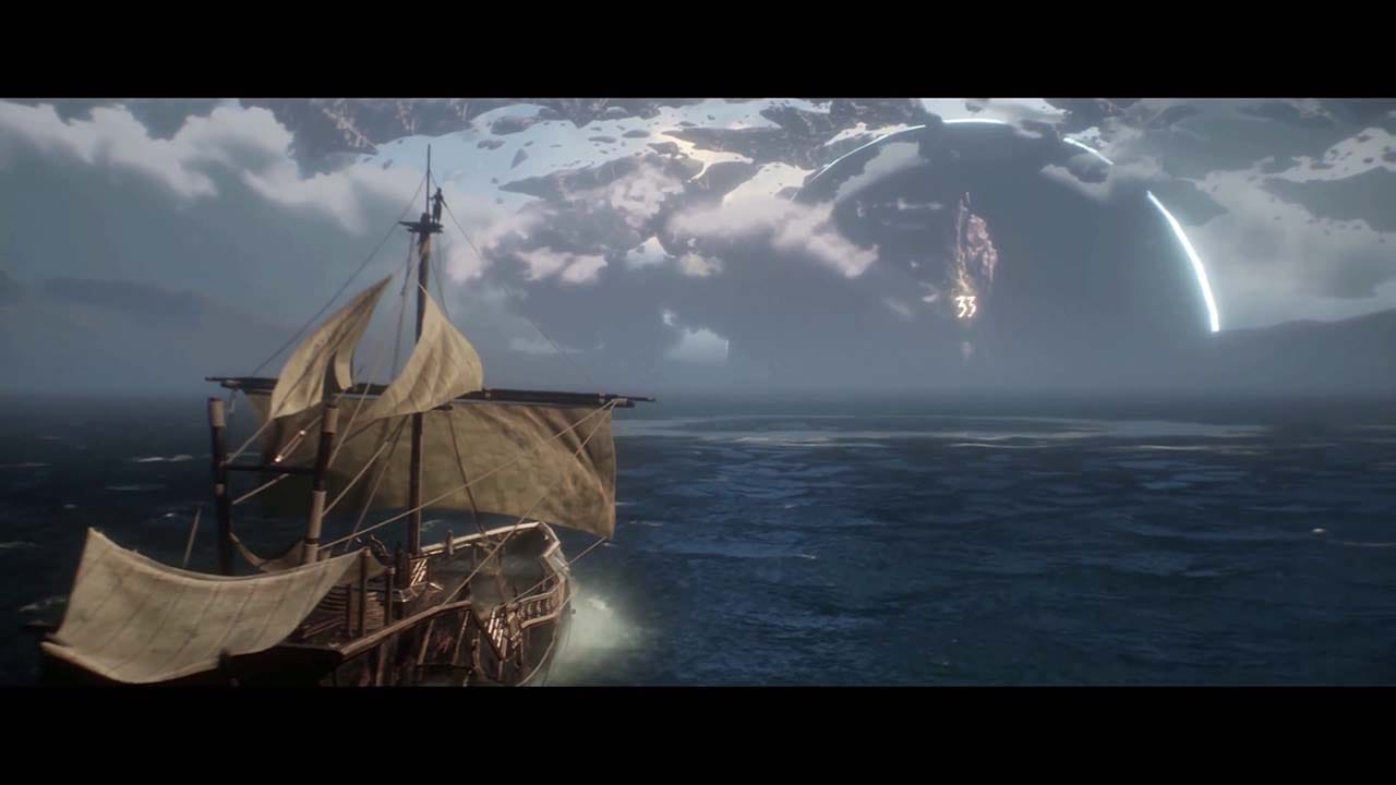 A large wooden sailboat carrying Expedition 33's crew makes for the giant monolith across the sea.